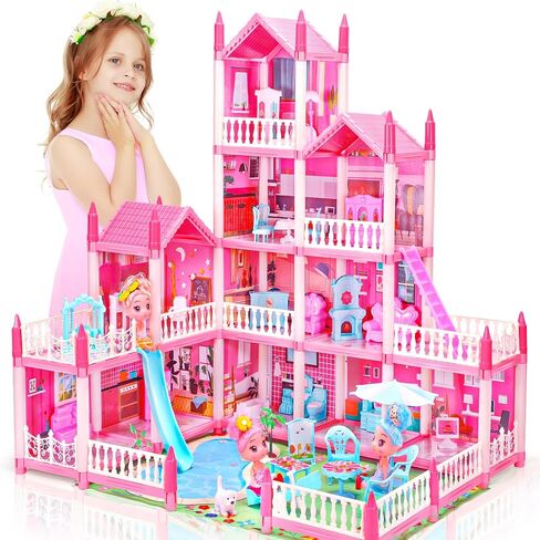 Dollhouse with 4-Story 11 Rooms, Dream Gift Princess Doll House Playset with Furniture, Blue Toddler House with Pool Slide for 3 4 5 6 7 8 9 10 Year Old Girls Kids in Saudi Arabia