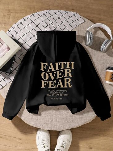 Verdusa Boy's Retro Letter Print Hoodie Sweatshirt Streetwear Casual Pullover Tops in Saudi Arabia