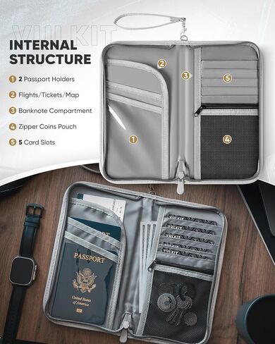 Vulkit Passport Wallet Passport Holder RFID منع منظم بطاقة السفر مع حزام معصم للرجال أو النساء (أسود) in Saudi Arabia