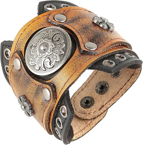 HZMAN Leather Bracelets Retro Men's Leather Cuff Bracelet Adjustable Wide Wristband Bracelet Jewelry Gift in Saudi Arabia