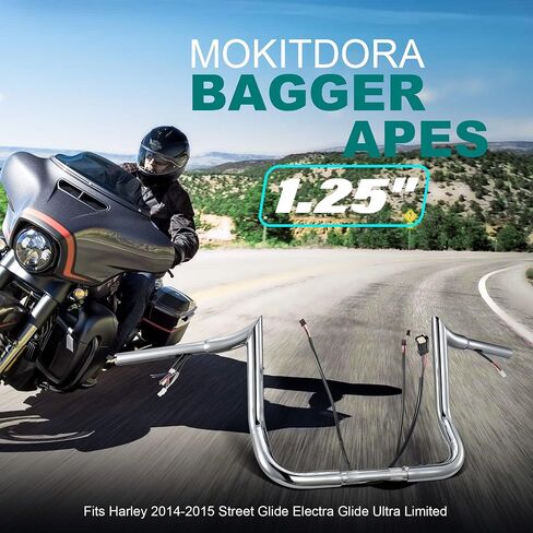 MoKitDora Prewired Meathook Bar Monkey Bagger Ape Hanger Handlebar for Harley 2014-2015 Street Glide Electra Glide Ultra Limited FLHT FLHX 12 Inch, Black in Saudi Arabia