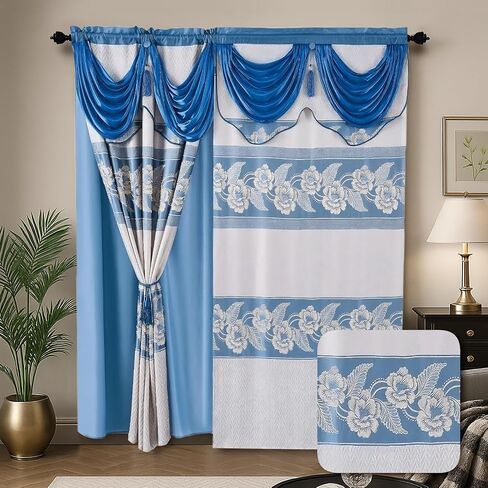 YHSF Jacquard Window Curtains for Living Room and Bedrooms - 54" W x 84" L 2-Panel Set Fancy Curtains with Valance Attached & 2 Tassle Tie Backs - Fancy Living Room Curtain with Valance - Royal Blue in Kuwait