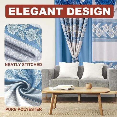 YHSF Jacquard Window Curtains for Living Room and Bedrooms - 54" W x 84" L 2-Panel Set Fancy Curtains with Valance Attached & 2 Tassle Tie Backs - Fancy Living Room Curtain with Valance - Royal Blue in Kuwait