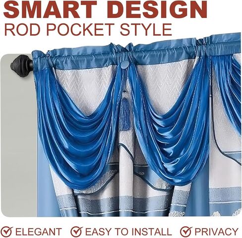 YHSF Jacquard Window Curtains for Living Room and Bedrooms - 54" W x 84" L 2-Panel Set Fancy Curtains with Valance Attached & 2 Tassle Tie Backs - Fancy Living Room Curtain with Valance - Royal Blue in Kuwait