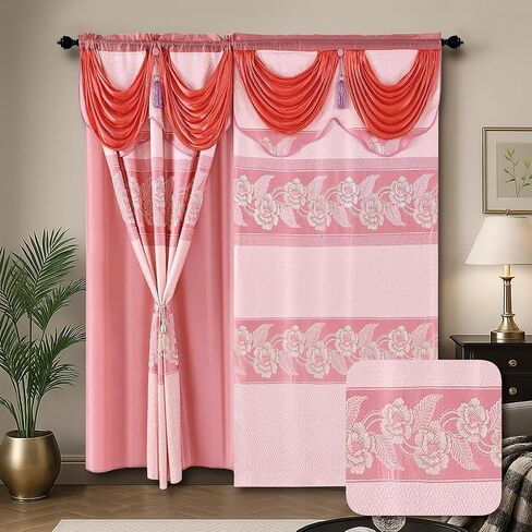 YHSF Jacquard Window Curtains for Living Room and Bedrooms - 54" W x 84" L 2-Panel Set Fancy Curtains with Valance Attached & 2 Tassle Tie Backs - Fancy Living Room Curtain with Valance - Royal Blue in Kuwait