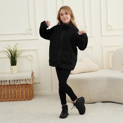 سترات الصوف للأطفال فتيات الشتاء سترة ناعمة للضوء الخارجي الكامل zip up sweatshirt مع جيوب 3-12 سنة in Kuwait