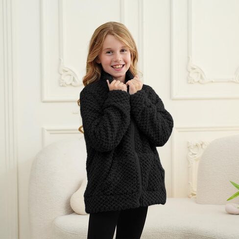 سترات الصوف للأطفال فتيات الشتاء سترة ناعمة للضوء الخارجي الكامل zip up sweatshirt مع جيوب 3-12 سنة in Kuwait