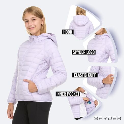 سترة Spyder Girls Puffer مع غطاء محرك السيارة معاطف الشتاء الفتيات ، ملابس ثلجية خفيفة الوزن التزلج على الجليد in Saudi Arabia