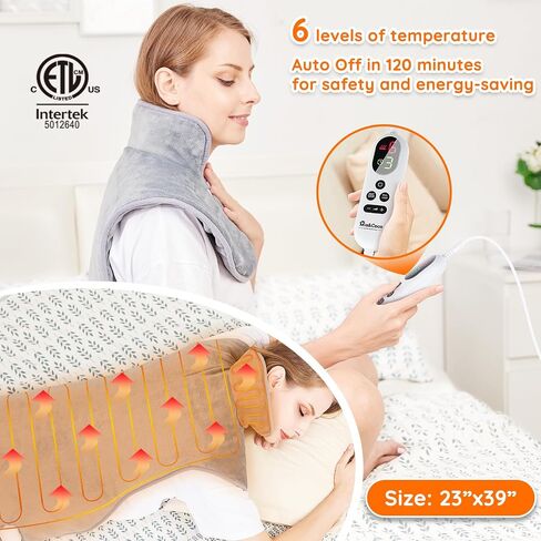 Mia&Coco Electric Heating Pad for Back Neck Shoulders Pain Relief, XL 23"x39" Soft Flannel Wrap, Waist Strap, Fast Heat Hot Therapy 6 Heat Settings, Auto-Off Timer, Machine Washable, Grey in Saudi Arabia