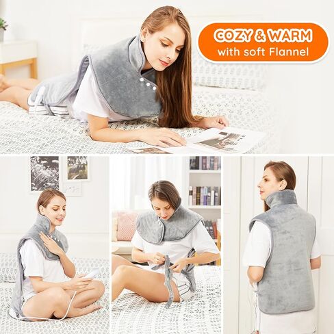 Mia&Coco Electric Heating Pad for Back Neck Shoulders Pain Relief, XL 23"x39" Soft Flannel Wrap, Waist Strap, Fast Heat Hot Therapy 6 Heat Settings, Auto-Off Timer, Machine Washable, Grey in Saudi Arabia