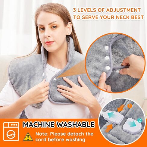 Mia&Coco Electric Heating Pad for Back Neck Shoulders Pain Relief, XL 23"x39" Soft Flannel Wrap, Waist Strap, Fast Heat Hot Therapy 6 Heat Settings, Auto-Off Timer, Machine Washable, Grey in Saudi Arabia