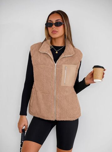 Simplefun للنساء Fuzzy Fleece Vest العصري Zip Up بلا أكمام شيربا سترة الوقوف معطف الشتاء معطف الشتاء مع جيوب in Kuwait