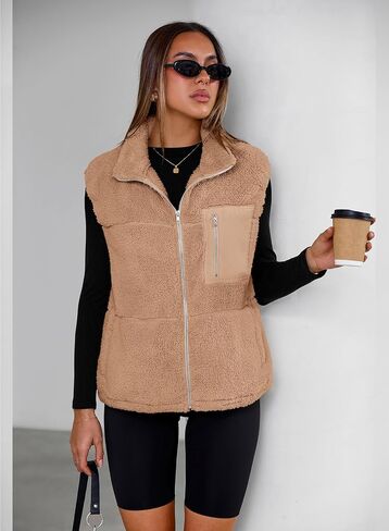 Simplefun للنساء Fuzzy Fleece Vest العصري Zip Up بلا أكمام شيربا سترة الوقوف معطف الشتاء معطف الشتاء مع جيوب in Kuwait