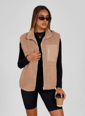 Simplefun للنساء Fuzzy Fleece Vest العصري Zip Up بلا أكمام شيربا سترة الوقوف معطف الشتاء معطف الشتاء مع جيوب in Kuwait