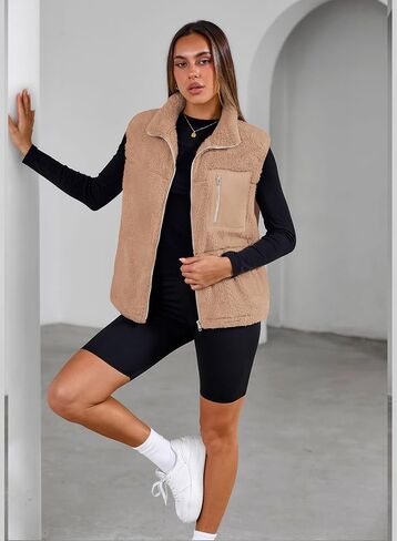 Simplefun للنساء Fuzzy Fleece Vest العصري Zip Up بلا أكمام شيربا سترة الوقوف معطف الشتاء معطف الشتاء مع جيوب in Kuwait