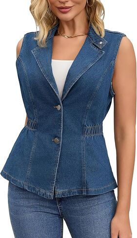 Women's Denim Vest Button Down V Neck Elastic Waist Waistcoat Sleeveless Jean Jacket in Saudi Arabia