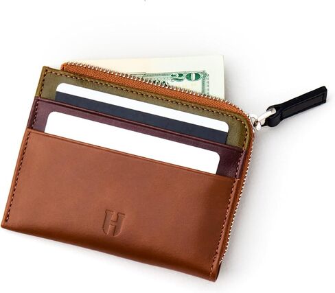 RFID Blocking Zipper Wallet, Slim Business Card Holder, Men & Women, Handcrafted Full-Grain Leather, Gift Box & Pouch, Christmas & Birthday, Tan (Plus Colors) in Kuwait