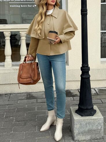 Tankaneo Womens Cropped Trench Coat Casual Lapel Single Breasted Cape Sleeve Short Jacket 2025 Fall Fashion Outerwear in Saudi Arabia