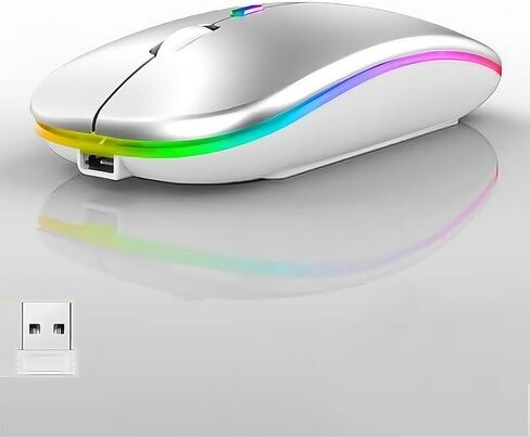 ماوس LED لاسلكي، ماوس مكتبي بصري نحيف وصامت مزدوج الوضع 2.4G+BT قابل لإعادة الشحن بـ 7 ألوان مع جهاز استقبال USB، 3 مستويات DPI قابلة للتعديل لأجهزة الكمبيوتر المحمول والكمبيوتر الشخصي وأجهزة MacBook (أسود) in Saudi Arabia