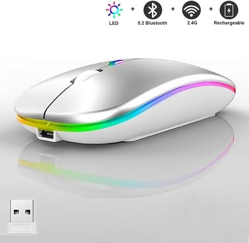 ماوس LED لاسلكي، ماوس مكتبي بصري نحيف وصامت مزدوج الوضع 2.4G+BT قابل لإعادة الشحن بـ 7 ألوان مع جهاز استقبال USB، 3 مستويات DPI قابلة للتعديل لأجهزة الكمبيوتر المحمول والكمبيوتر الشخصي وأجهزة MacBook (أسود) in Saudi Arabia