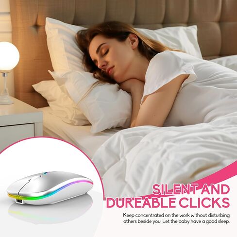 ماوس LED لاسلكي، ماوس مكتبي بصري نحيف وصامت مزدوج الوضع 2.4G+BT قابل لإعادة الشحن بـ 7 ألوان مع جهاز استقبال USB، 3 مستويات DPI قابلة للتعديل لأجهزة الكمبيوتر المحمول والكمبيوتر الشخصي وأجهزة MacBook (أسود) in Saudi Arabia