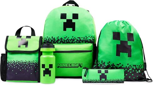 Minecraft Backpack Set 5pcs with Lunch Bag Water Bottle Pencil Case Drawstring Bag or Lanyard Keyring Supplies Gifts For Kids (Green AOP) in Saudi Arabia