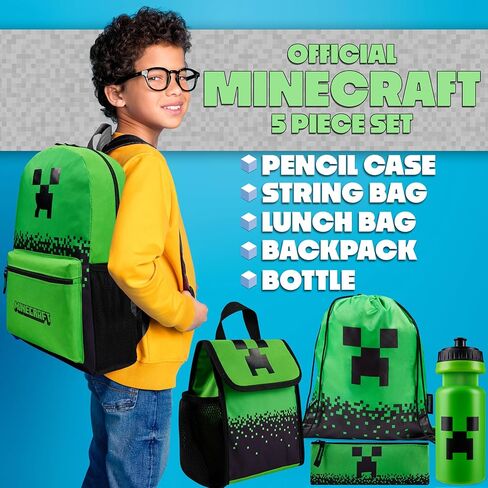Minecraft Backpack Set 5pcs with Lunch Bag Water Bottle Pencil Case Drawstring Bag or Lanyard Keyring Supplies Gifts For Kids (Green AOP) in Saudi Arabia