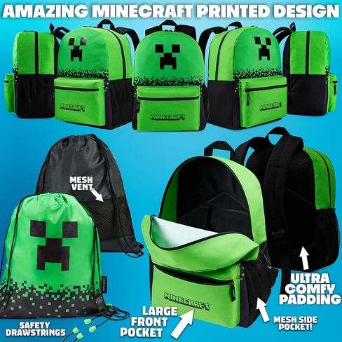 Minecraft Backpack Set 5pcs with Lunch Bag Water Bottle Pencil Case Drawstring Bag or Lanyard Keyring Supplies Gifts For Kids (Green AOP) in Saudi Arabia