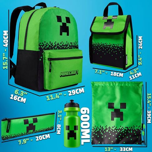 Minecraft Backpack Set 5pcs with Lunch Bag Water Bottle Pencil Case Drawstring Bag or Lanyard Keyring Supplies Gifts For Kids (Green AOP) in Saudi Arabia