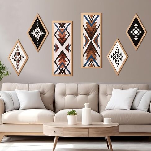 She Love Large Western Aztec Wall Decor 6Pcs, Thicker Wooden Double Layer Boho Geometric Tribal Wall Art Southwestern Rustic Country Farmhouse Home Decor for Living Room Bedroom Kitchen Bathroom in Kuwait