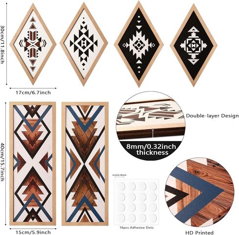 She Love Large Western Aztec Wall Decor 6Pcs, Thicker Wooden Double Layer Boho Geometric Tribal Wall Art Southwestern Rustic Country Farmhouse Home Decor for Living Room Bedroom Kitchen Bathroom in Kuwait