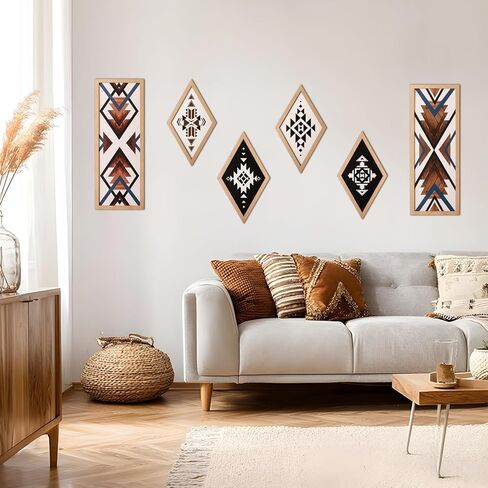 She Love Large Western Aztec Wall Decor 6Pcs, Thicker Wooden Double Layer Boho Geometric Tribal Wall Art Southwestern Rustic Country Farmhouse Home Decor for Living Room Bedroom Kitchen Bathroom in Kuwait