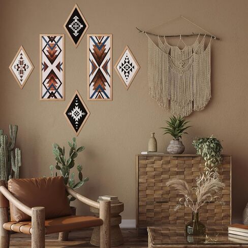 She Love Large Western Aztec Wall Decor 6Pcs, Thicker Wooden Double Layer Boho Geometric Tribal Wall Art Southwestern Rustic Country Farmhouse Home Decor for Living Room Bedroom Kitchen Bathroom in Kuwait