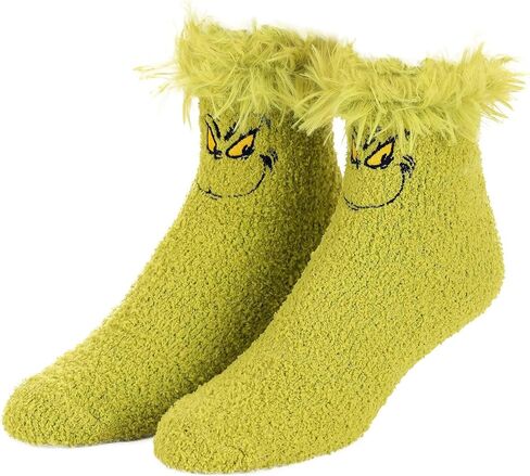 Dr. Seuss Grinch Fuzzy Socks - Cozy Polyester Socks with Embroidered Details, Size 7-12, Officially Licensed in Saudi Arabia