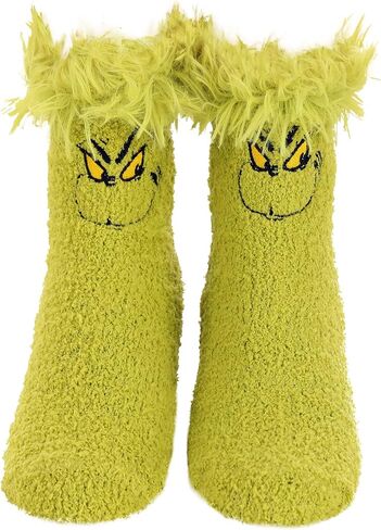 Dr. Seuss Grinch Fuzzy Socks - Cozy Polyester Socks with Embroidered Details, Size 7-12, Officially Licensed in Saudi Arabia
