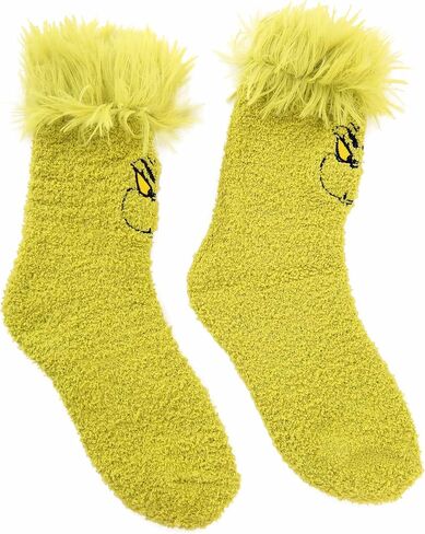 Dr. Seuss Grinch Fuzzy Socks - Cozy Polyester Socks with Embroidered Details, Size 7-12, Officially Licensed in Saudi Arabia