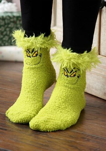 Dr. Seuss Grinch Fuzzy Socks - Cozy Polyester Socks with Embroidered Details, Size 7-12, Officially Licensed in Saudi Arabia
