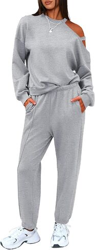 EXLURA Women's 2 Piece Cold Shoulder Tracksuit Long Sleeve Cotton Jogger Pants Sweatsuit 2025 in Saudi Arabia