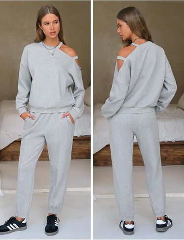 EXLURA Women's 2 Piece Cold Shoulder Tracksuit Long Sleeve Cotton Jogger Pants Sweatsuit 2025 in Saudi Arabia