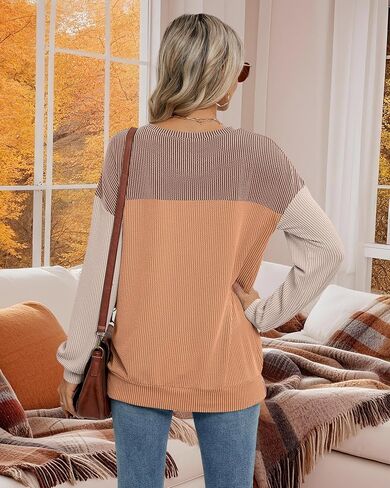 Womens Color Block Long Sleeve Crewneck Knitted Casual Loose Pullover Shirts Tops in Saudi Arabia