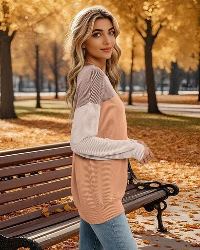 Womens Color Block Long Sleeve Crewneck Knitted Casual Loose Pullover Shirts Tops in Saudi Arabia