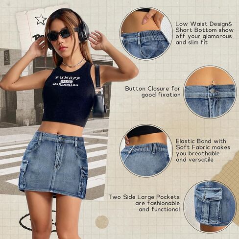 التنانير النسائية الصغيرة البضائع Y2k تنورة الدنيم القصيرة مع جيوب منخفضة الخصر زر جان التنانير in Kuwait