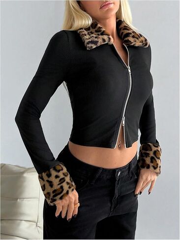 Soly Hux Women's up stack stack leopard jular long sleeve jackets concets uterwear in Kuwait