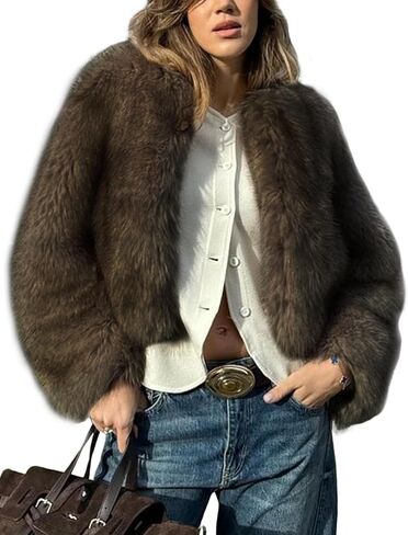 Wyeysyt Womens Faux Fur Cropped Coat Fluffy Faux Fur Jacket Long Sleeve Open Front Winter Warm Jacket in Saudi Arabia