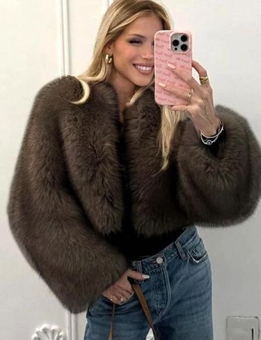 Wyeysyt Womens Faux Fur Cropped Coat Fluffy Faux Fur Jacket Long Sleeve Open Front Winter Warm Jacket in Saudi Arabia
