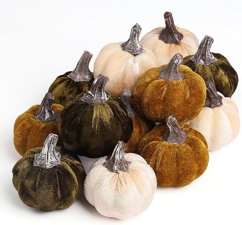 12pcs Velvet Fake Pumpkins Fall Decor Faux Small Foam Fabric Pumpkin for Autumn Table Centerpiece Party Farmhouse Harvest Thanksgiving (Cream/Lime Green/Forest Green) in Kuwait