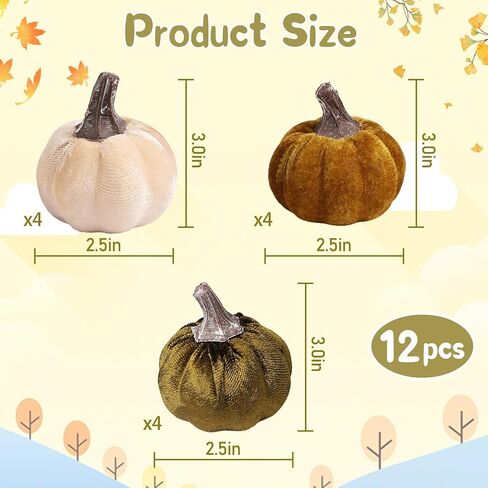12pcs Velvet Fake Pumpkins Fall Decor Faux Small Foam Fabric Pumpkin for Autumn Table Centerpiece Party Farmhouse Harvest Thanksgiving (Cream/Lime Green/Forest Green) in Kuwait