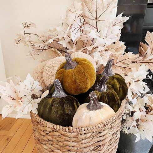 12pcs Velvet Fake Pumpkins Fall Decor Faux Small Foam Fabric Pumpkin for Autumn Table Centerpiece Party Farmhouse Harvest Thanksgiving (Cream/Lime Green/Forest Green) in Kuwait