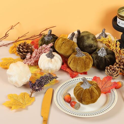 12pcs Velvet Fake Pumpkins Fall Decor Faux Small Foam Fabric Pumpkin for Autumn Table Centerpiece Party Farmhouse Harvest Thanksgiving (Cream/Lime Green/Forest Green) in Kuwait