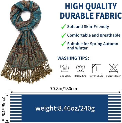 Paisley Pashmina Shawl Wrap Women Reversible Vintage Jacquard Pashmina Rave Scarf with Fringe for Evening, Wedding in Saudi Arabia